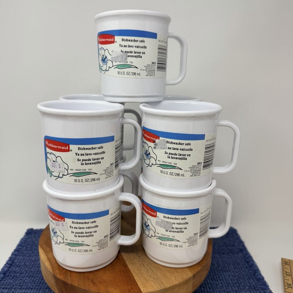 Rubbermaid #3813 White 8 Oz Melamine Coffee Mug Cups Set Of 9 Stackable NOS 90s
